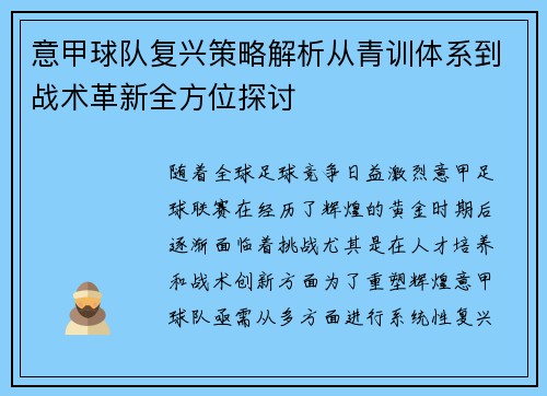 意甲球队复兴策略解析从青训体系到战术革新全方位探讨