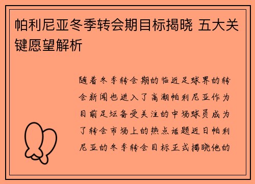 帕利尼亚冬季转会期目标揭晓 五大关键愿望解析