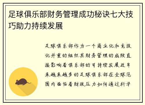 足球俱乐部财务管理成功秘诀七大技巧助力持续发展