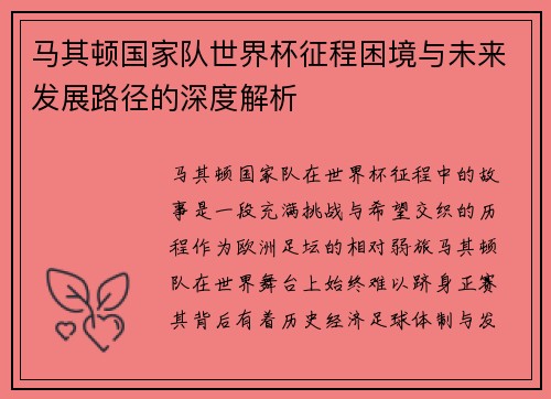 马其顿国家队世界杯征程困境与未来发展路径的深度解析