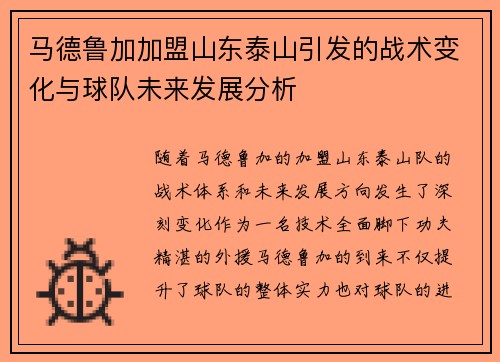 马德鲁加加盟山东泰山引发的战术变化与球队未来发展分析 马德鲁加加盟山东泰山引发的战术变化与球队未来发展分析
